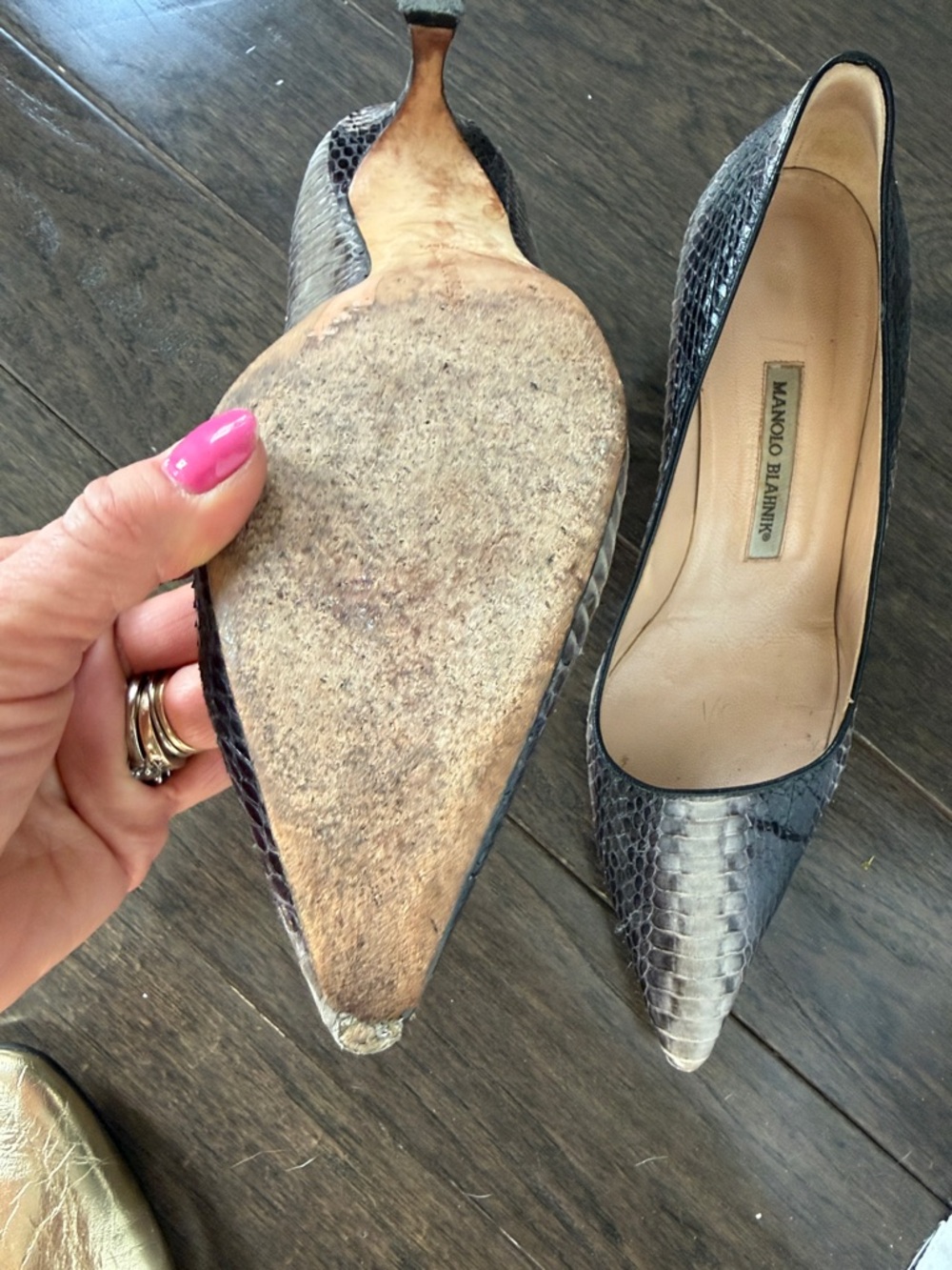 Manolo Blahnik Brown Python-Effect Pointed Toe Kitten Heels - Picture 4 of 13